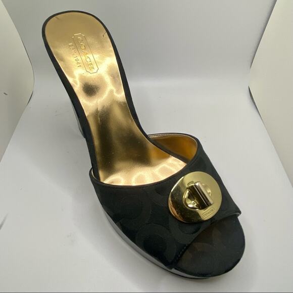 COACH Vintage Black Gold Toggle Platform Block Heel Slide Sz. 8.5 - Picture 6 of 7